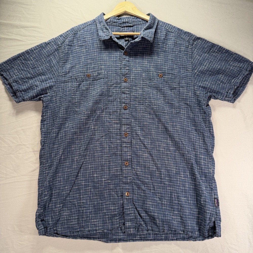 Patagonia Shirt Mens XL Blue Button Up Short Sleeve Hemp Blend Camp Hike
